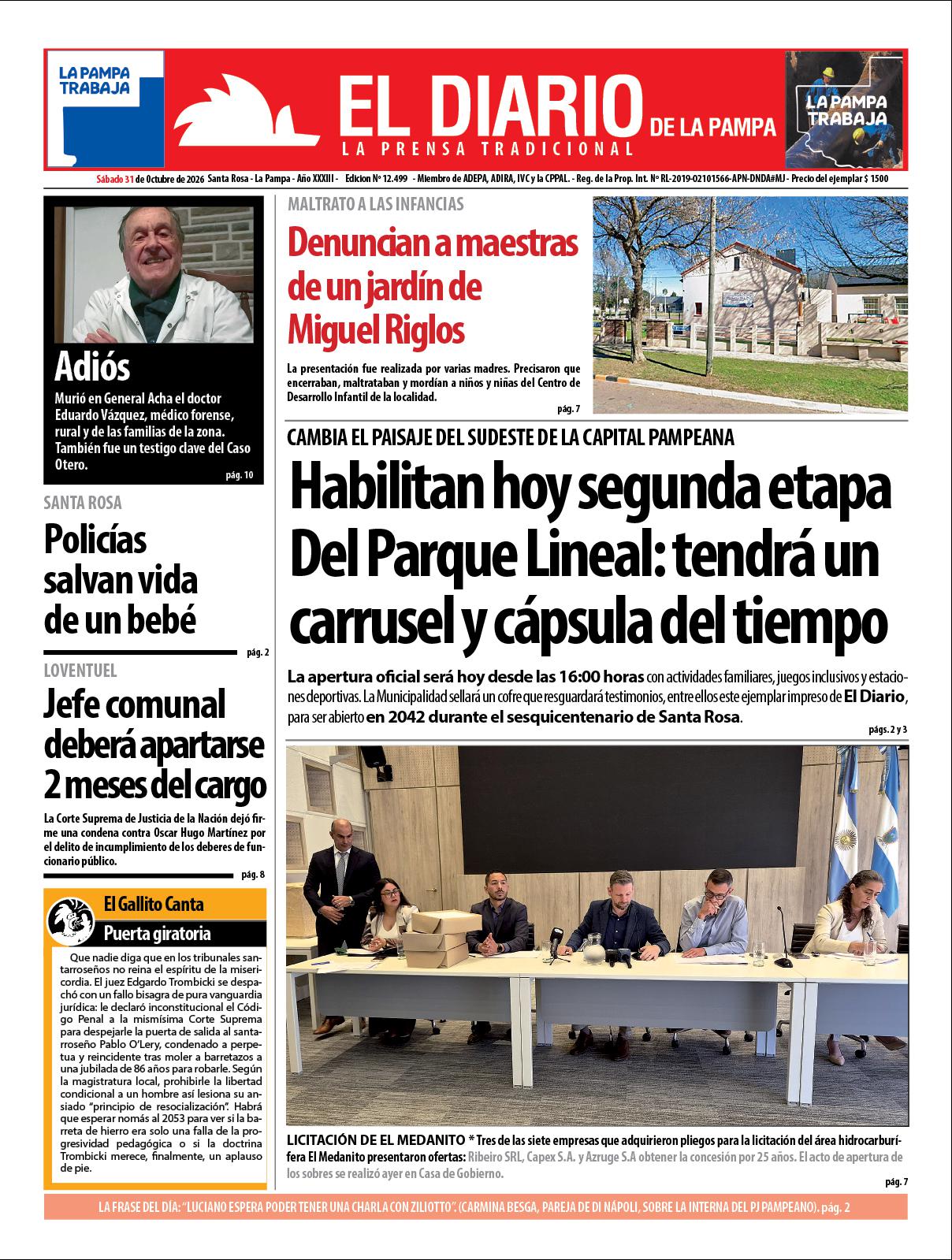 Tapa de El Diario en papel  saacutebado 31 de octubre de 2026